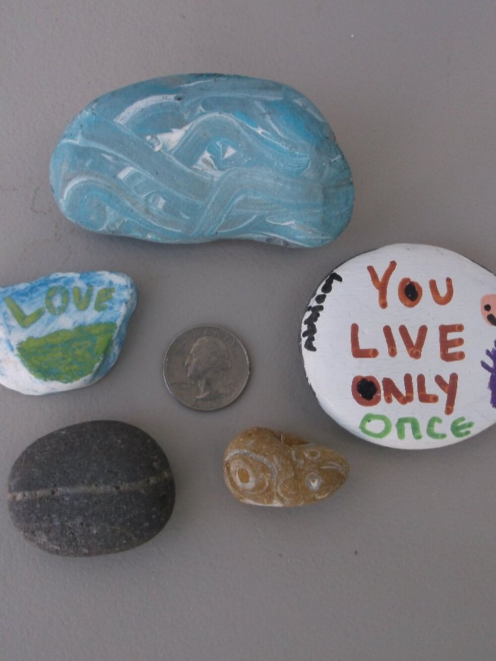 Hand‑Painted Rock Trio + 2 Natural Stones — Unique Mixed Bundle